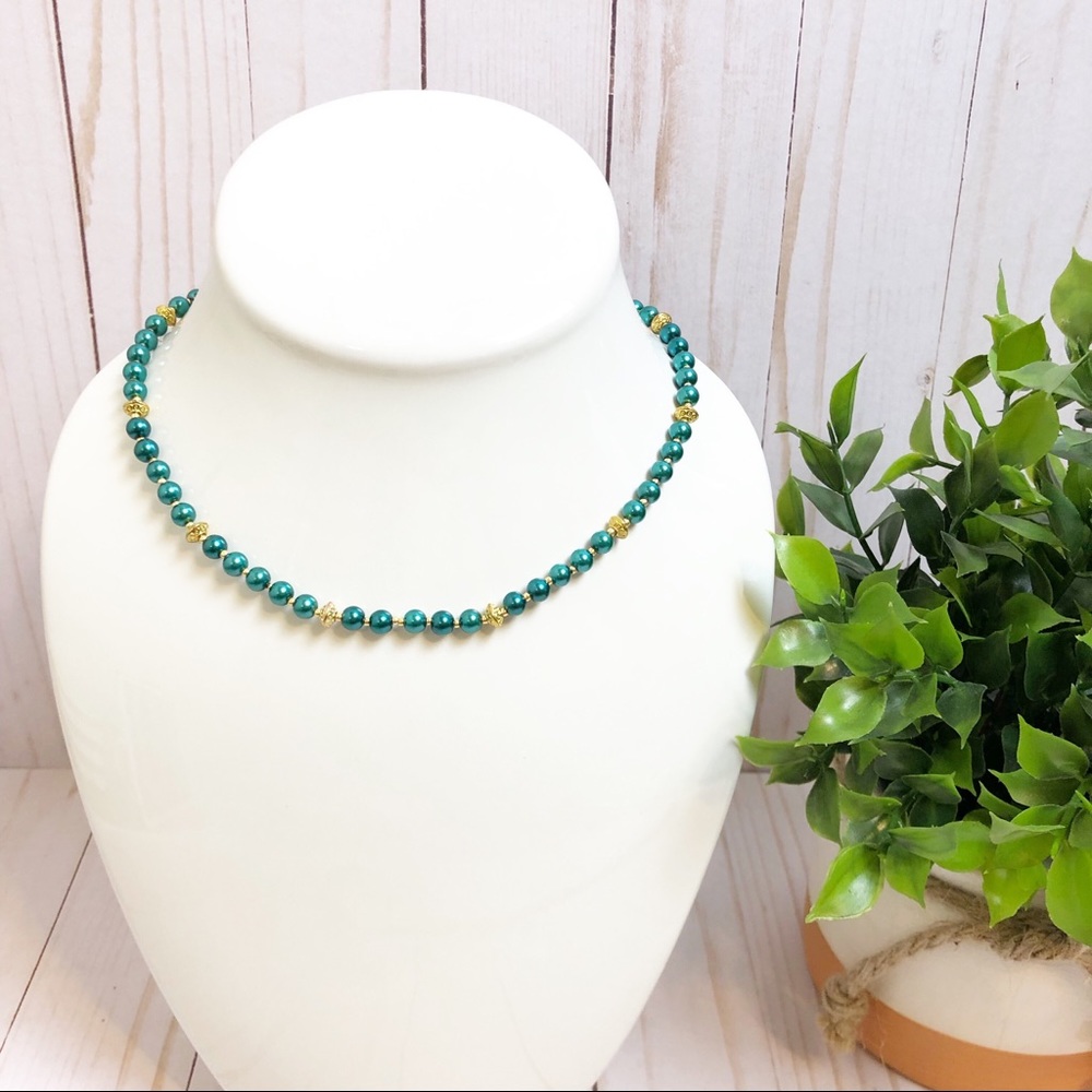 Swarovski Turquoise Pearl Gold Tone Bead Necklace - Picture 1 of 4